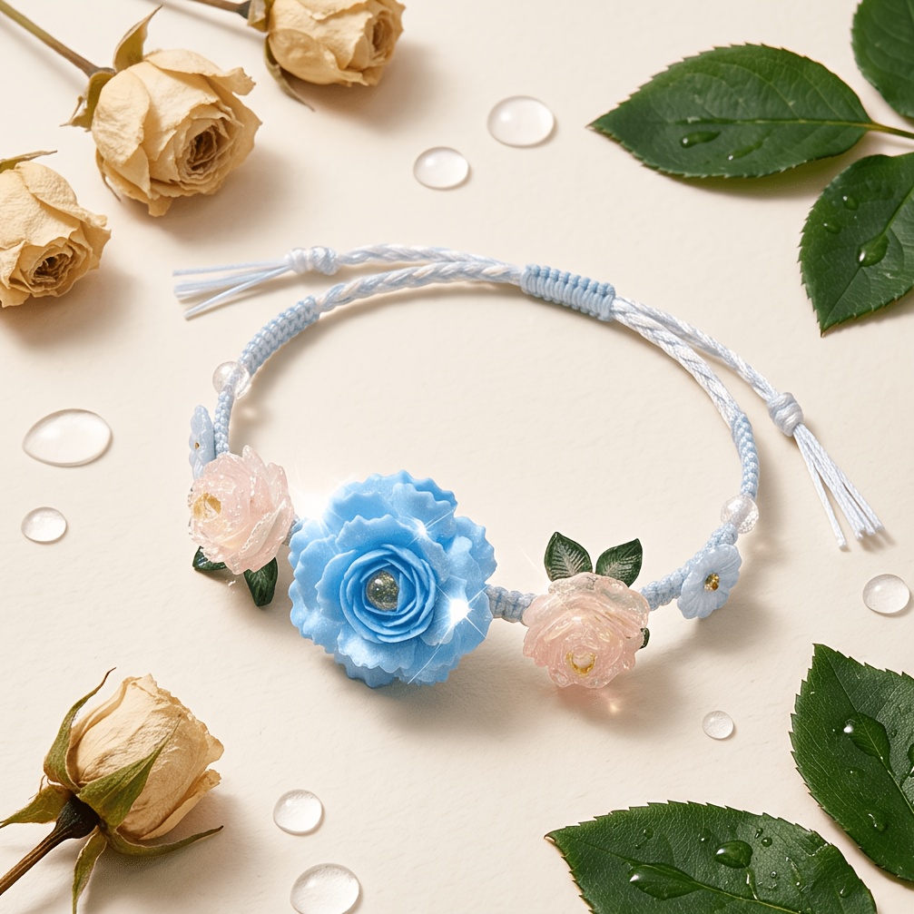 Macaron Blue Pink Gradient Rose Handmade Woven Wristband Bracelet